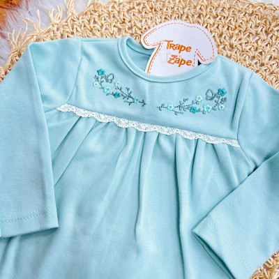 Conj. Body Manga Longa com Flores Bordadas e Calça - Verde